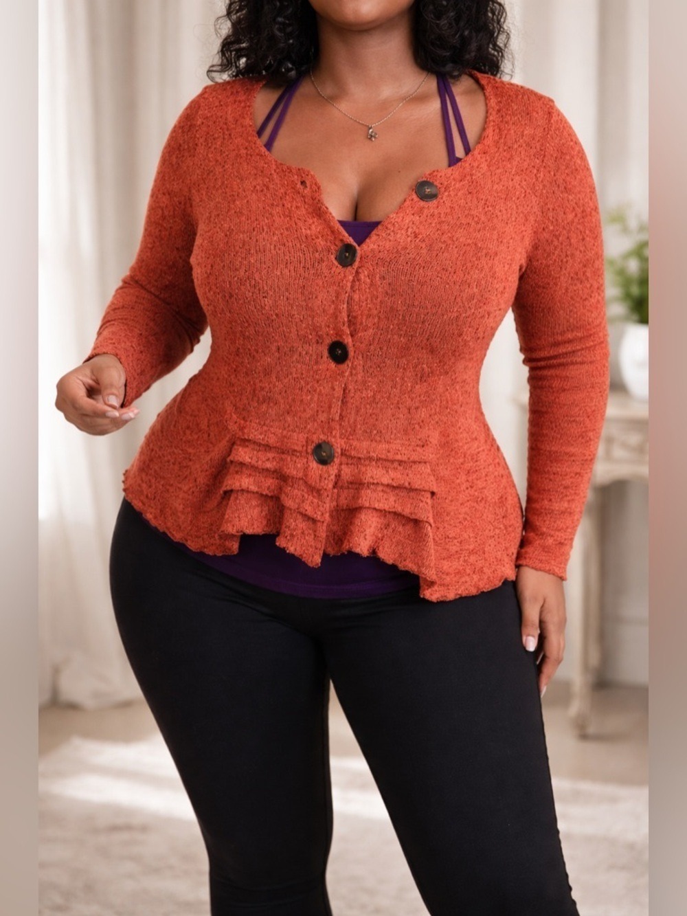 FENINI Designer Burnt Orange Textured Knit Cardigan • Artful Layering•Fits M–XL